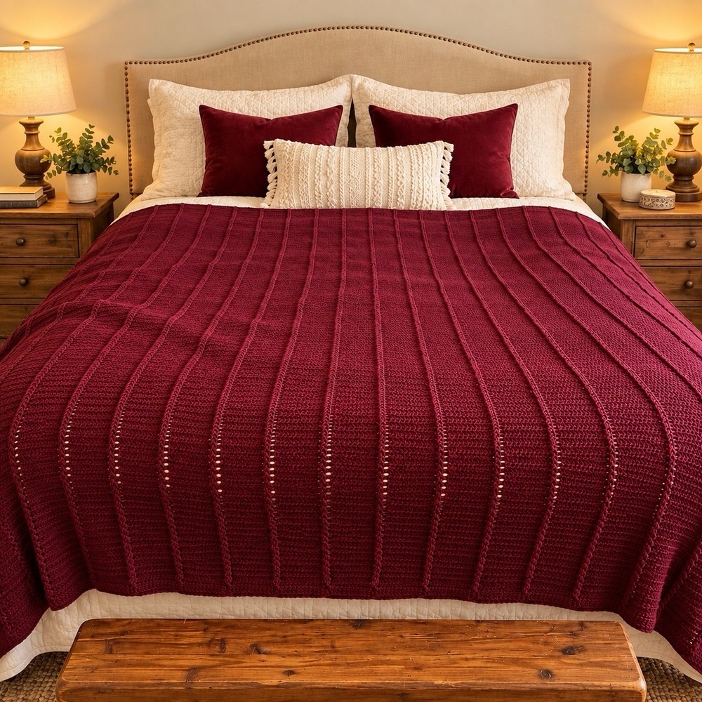 Vtg Handmade Crochet Afghan Burgundy Red Wine Ribbed Blanket Weighty King-Sized